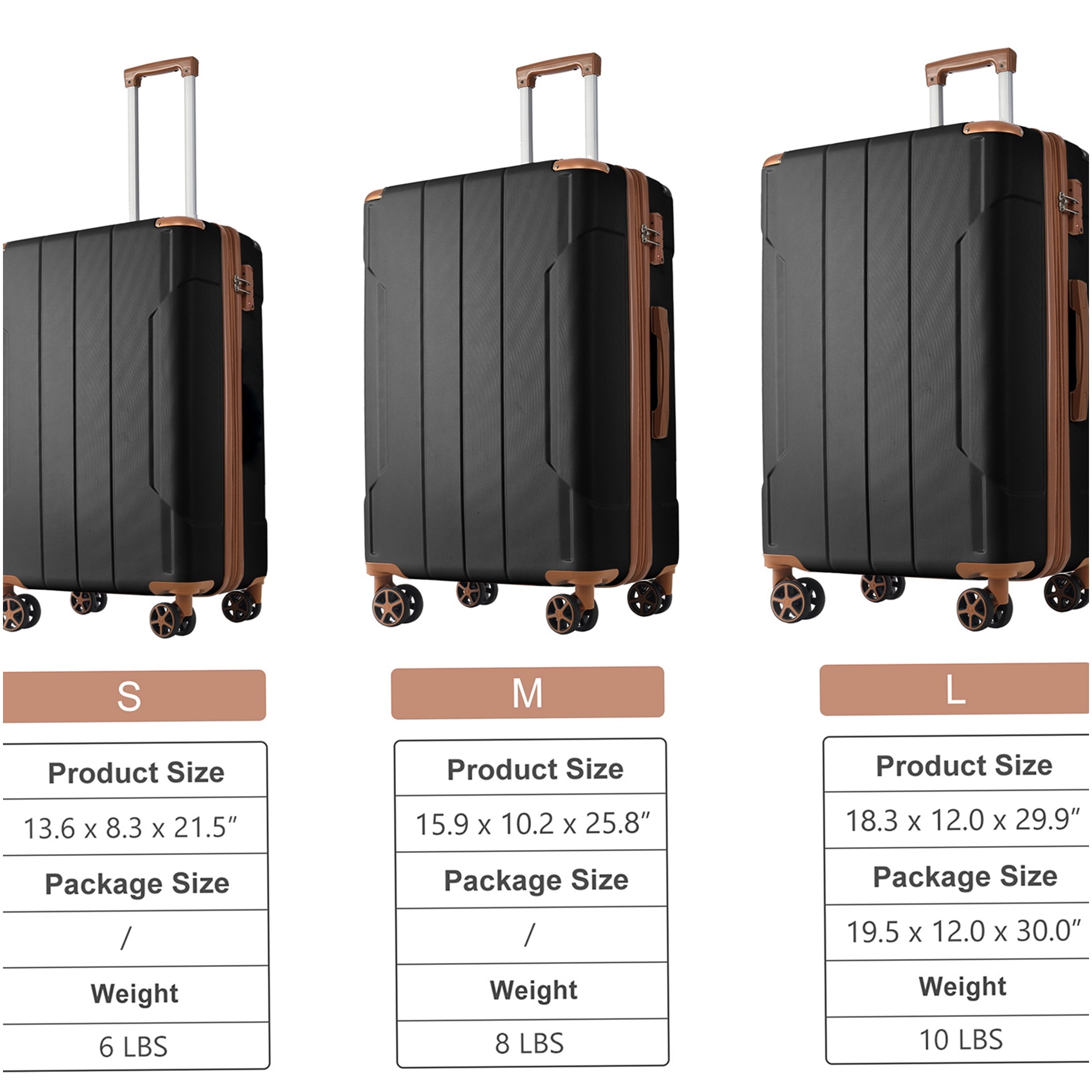 3 Piece ABS Hard Shell Luggage Set with Spinner Wheels and TSA Lock, Expandable Suitcases for Travel (Black Brown)