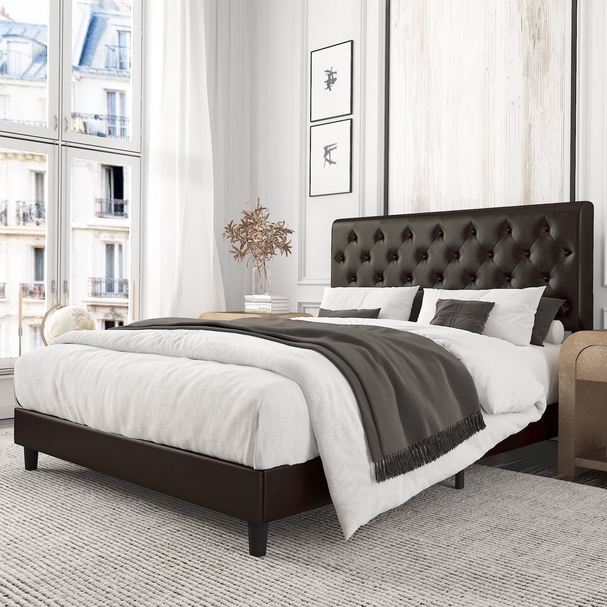 Amolife Queen Bed Frame with Adjustable Faux Leather Headboard, Diamond
