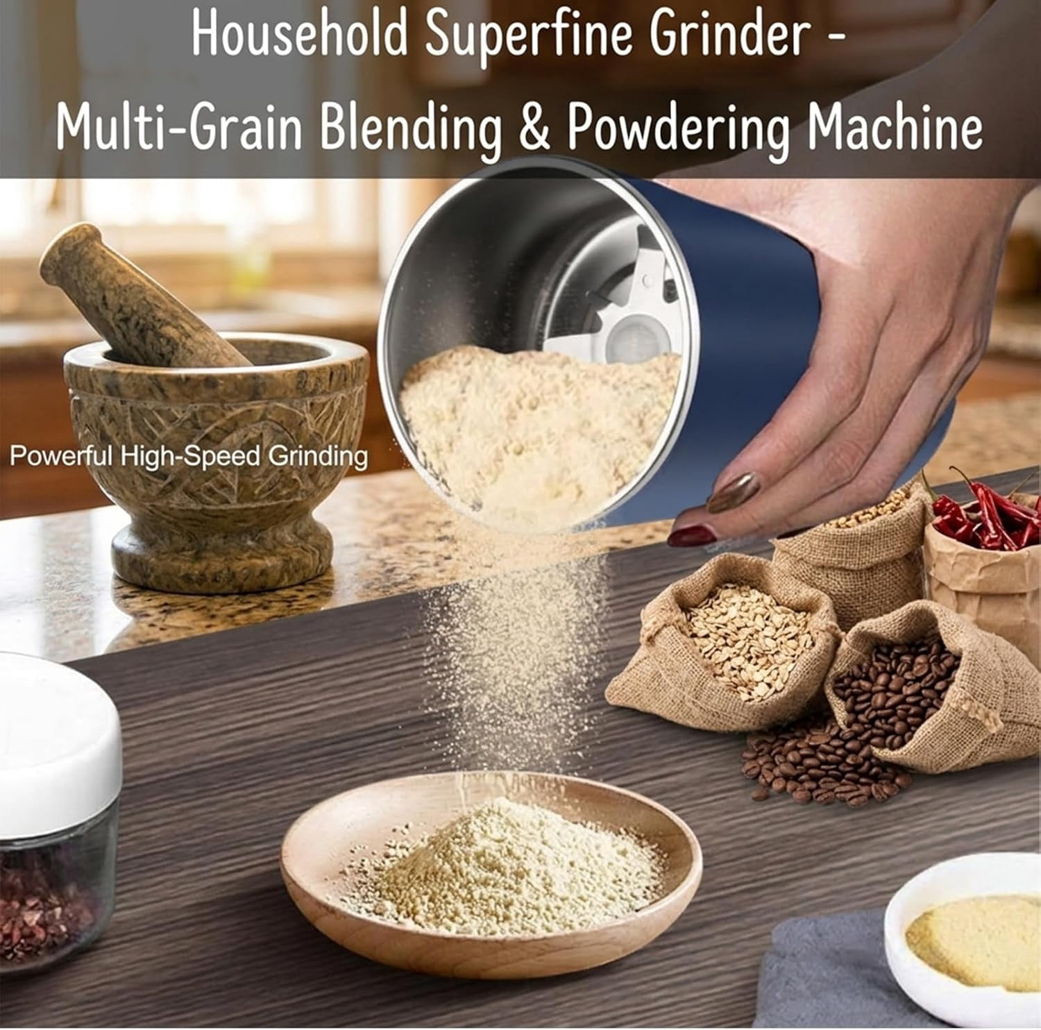 Household Superfine Grinder - Multi-Grain Blending & Powdering Machine, Stainless Steel Blade One Touch Grinding Design, Electric Spice Grinder for Coffee Beans Herbs Nuts Seeds Pepper Grain (Blue*2)