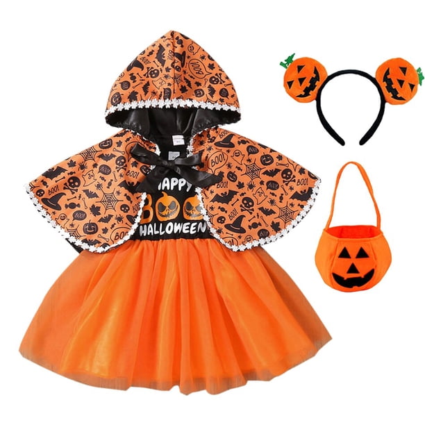 Disfraz de Halloween para niñas, conjunto de ropa, diadema, bolsa de calabaza, 2023