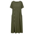 thumbnail image 4 of Xdegoge Midi Dresses for Women Loose Fit Short Sleeve Crew Neck Shift Dress Solid Color Asymmetrical Button Decor Casual Dresses Daily, 4 of 9