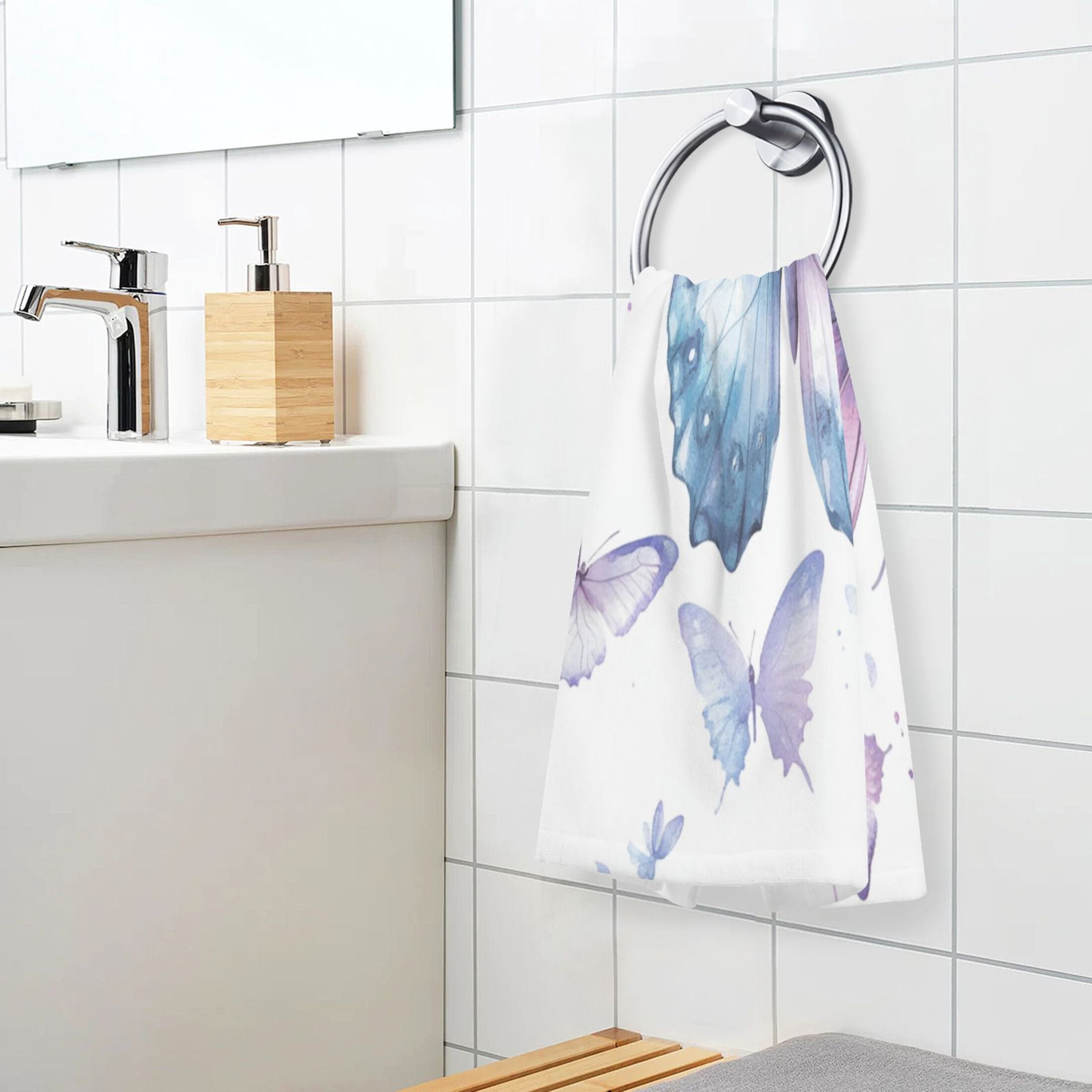 2 Pcs Absorbent Face Towel Bath Hand Towels Soft Breathable Cotton Towel Set for Bathroom Kitchen Hotel Spa Decor A Flock Of Butterflies