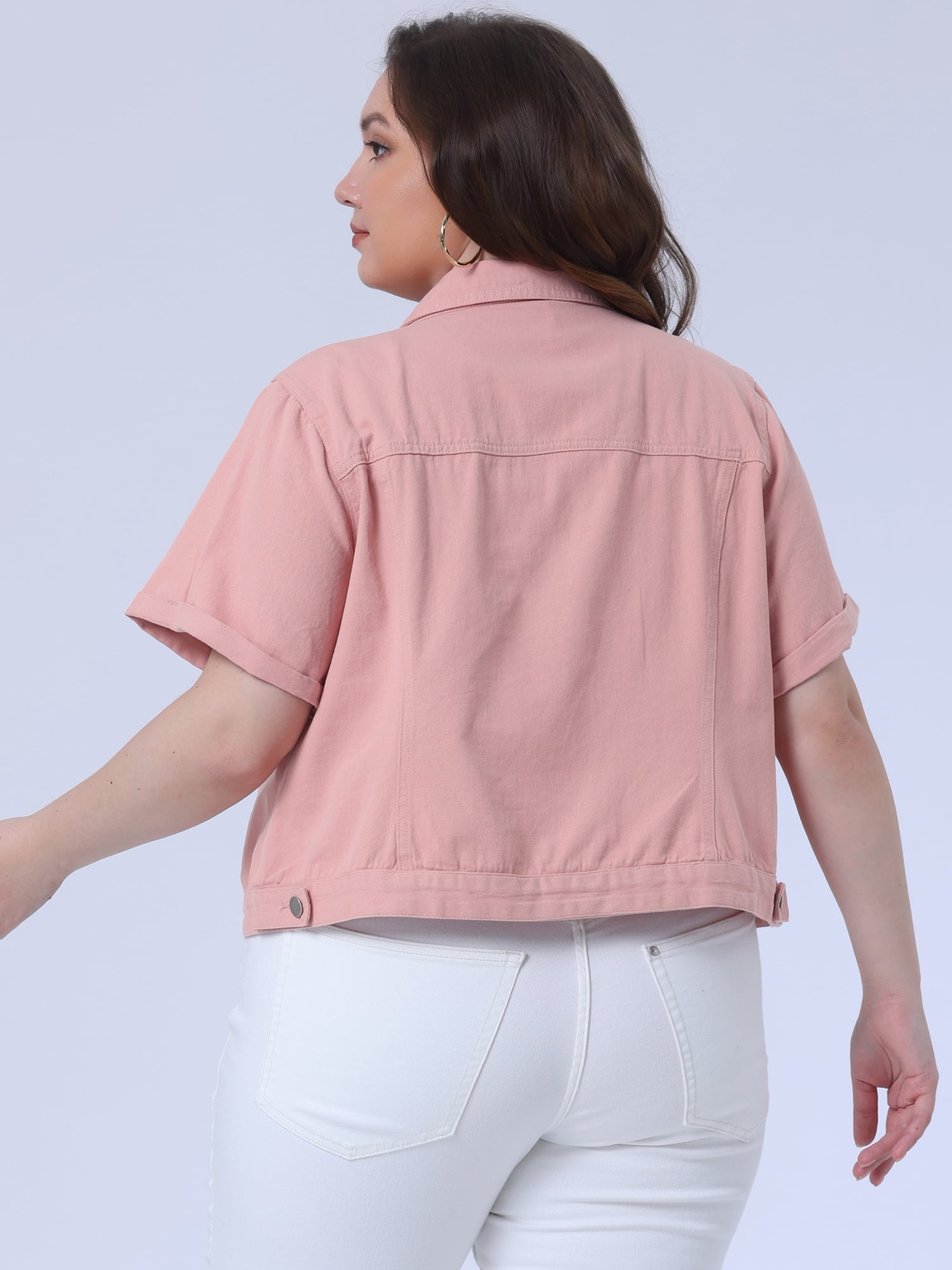 DARING DIVA Women's Plus Size Short Sleeve Lapel Button Denim Jacket 3X Pink