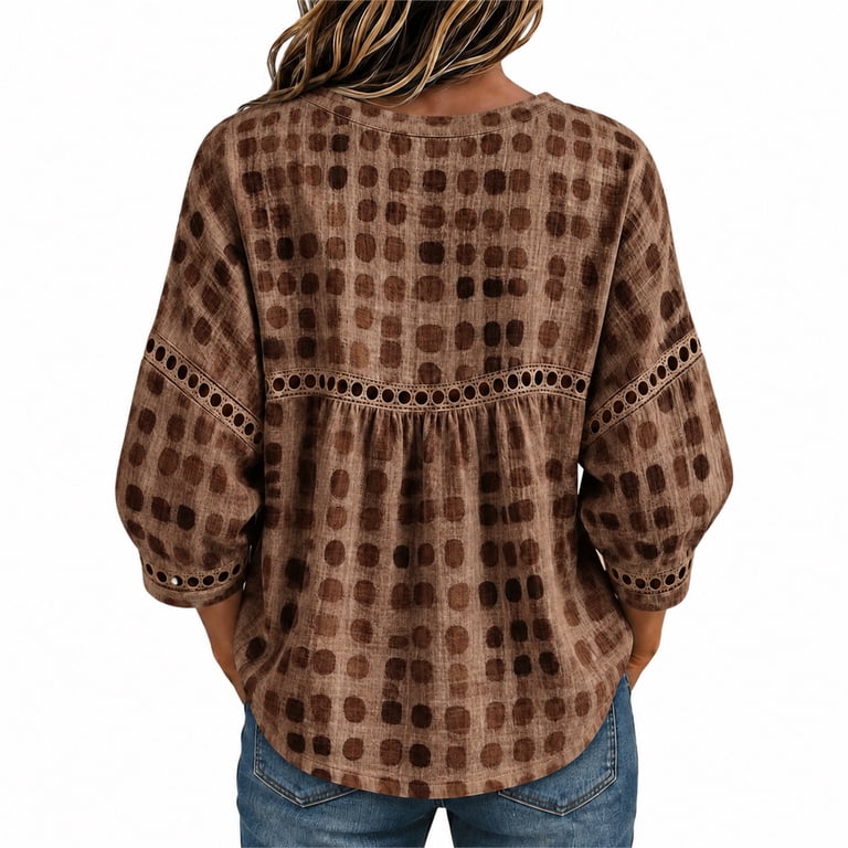 3/4 Sleeve Top for Women V Neck Loose Fit Blouse with Openwork Trim and ...