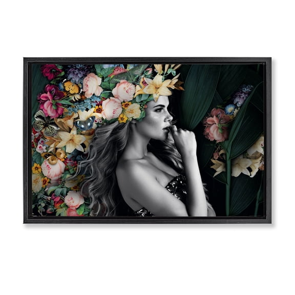 Stupell Industries Woman with Tropical Flowers Plants & Flowers Painting Black Floater Framed Canvas Art Print Wall Art, 25 x 17