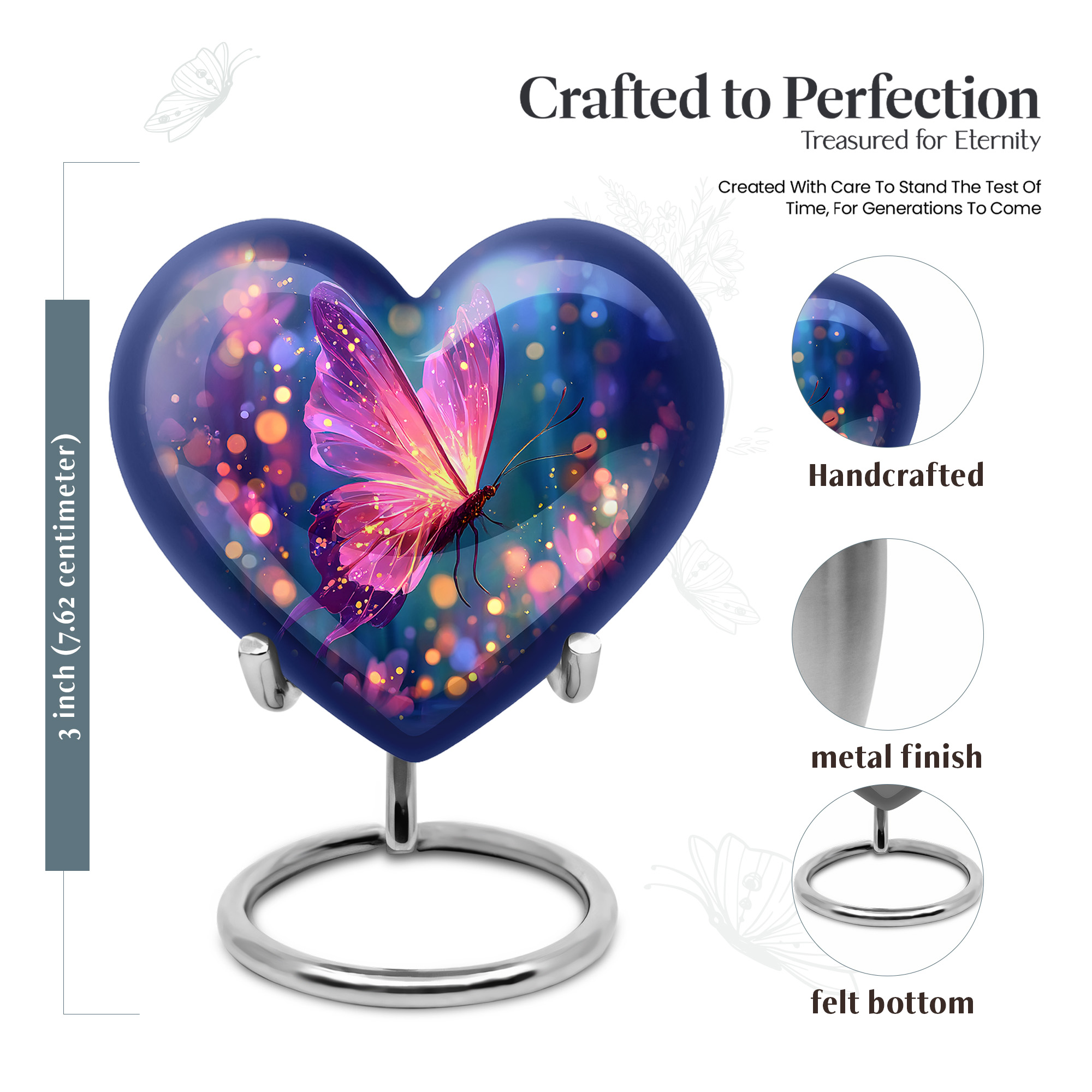 MUKTIVE Purple Butterfly Funeral Urns for Adult Ashes Men & Women, Small Urn for Ashes for Mom Cremation 3 inch, Keepsake Heart Adult Urn for Burial, Handmade Urns for Male & Female