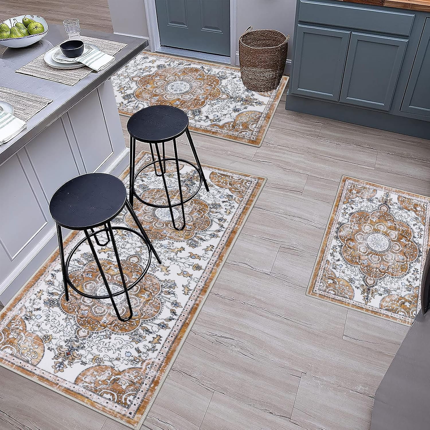 Boho Kitchen Rugs Sets 3 Piece with Runner Floral Kitchen Floor Mat Carpet Farmhouse Kitchen Rugs and Mats Non Skid Washable Runner Rug for Kitchen Floor Office Sink Laundry, Beige