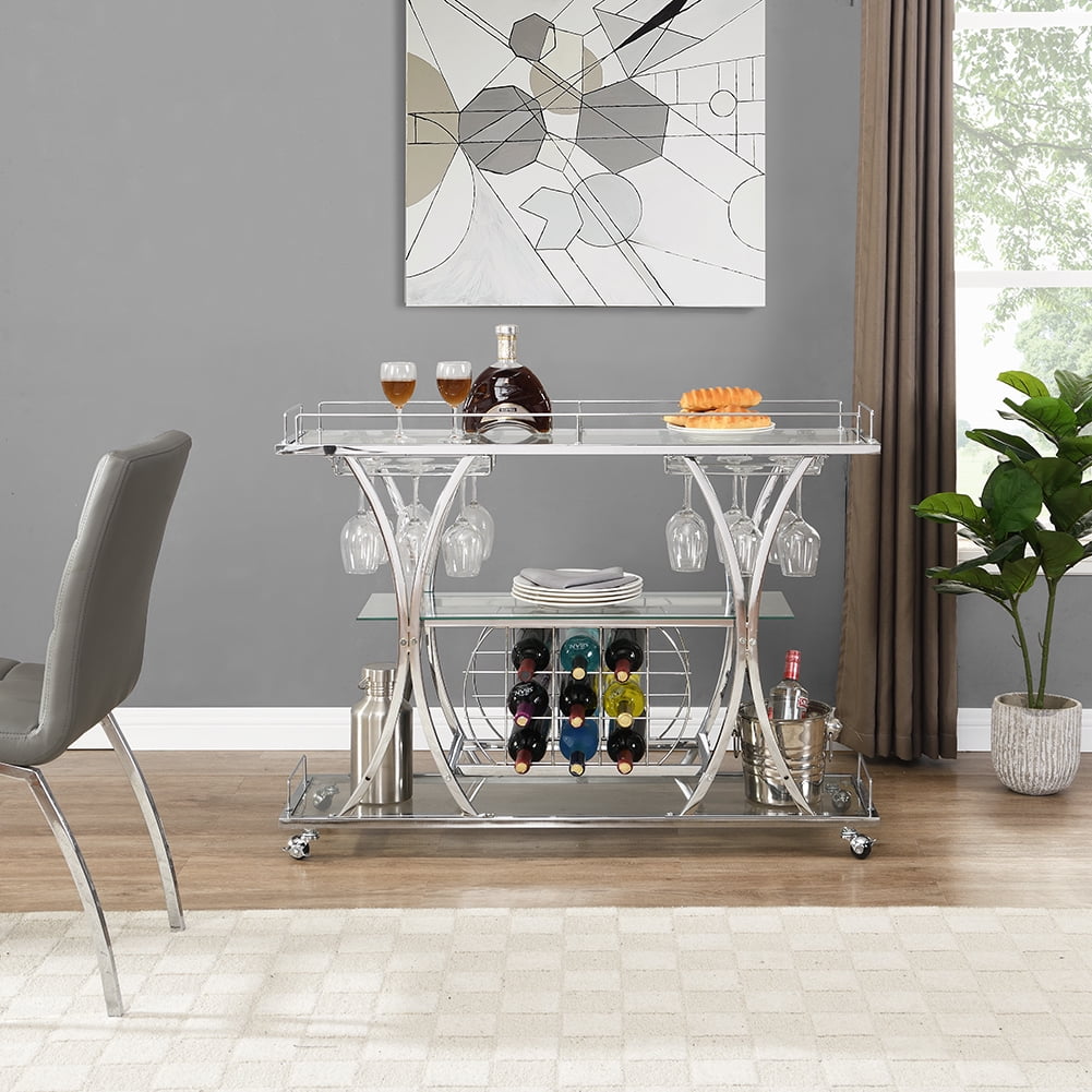 Kepooman Contemporary Bar Carts, Industrial Bar Cart with Wine Rack Silver Modern Glass Metal Frame Wine Storage, Silver Kepooman Contemporary Bar Carts, Industrial Bar Cart with Wine Rack Silver Modern Glass Metal Frame Wine Storage, Silver