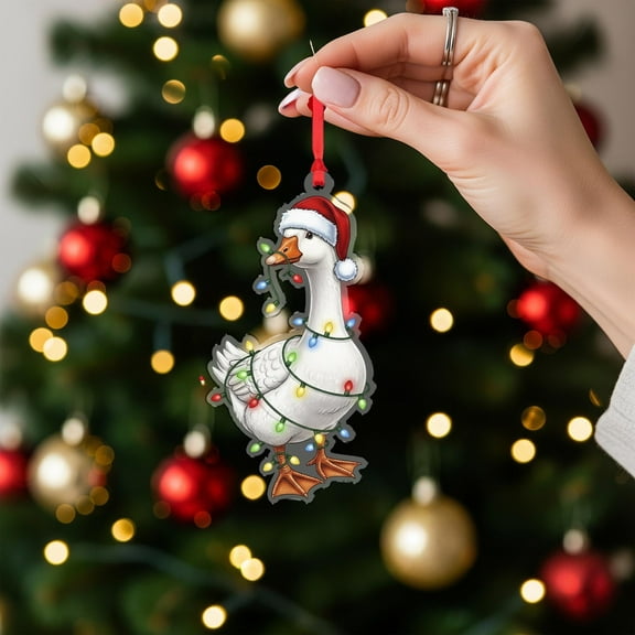 Acrylic Ornament – Christmas Goose with Santa Hat and Holiday Lights Decor