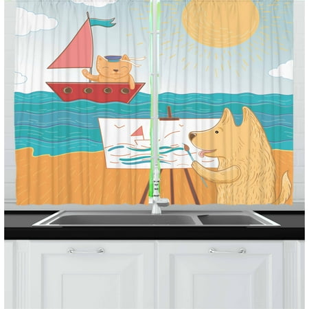 Nursery Curtains 2 Panels Set, Summer Vacation Cartoon with Captain Cat and Painter Dog in Hawaii Funny Animals, Window Drapes for Living Room Bedroom, 55W X 39L Inches, Multicolor, by