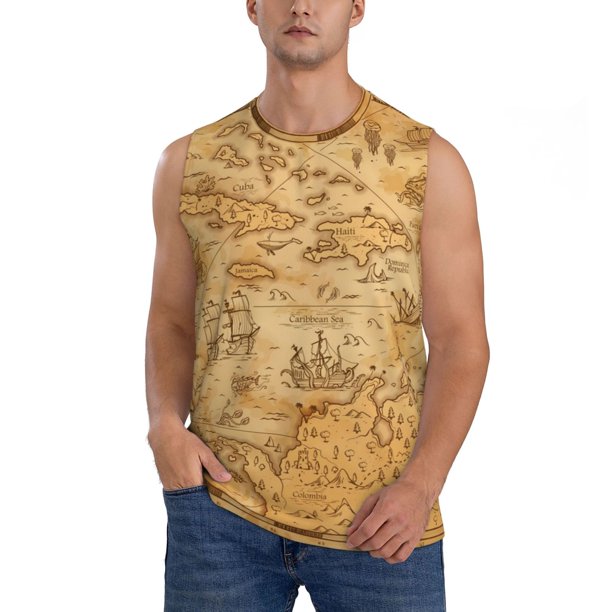 Fotbe Old Vintage Map Of Sea Men's Camiseta sin Mangas Estampada para Hombres, Playera Casual para Gimnasio, Entrenamiento, Playa-Small