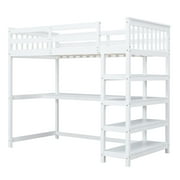 Euroco Wood Twin Loft Bed with Desk and Shelves, White