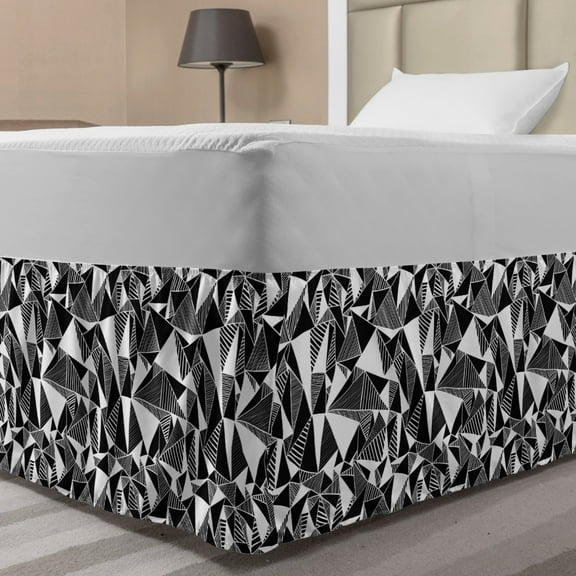 Abstract Bed Skirt, Modern Monochrome Fractal Geometry Theme with Triangle Tiles Repeat in Rhythm, Elastic Bedskirt Dust Ruffle Wrap Around for Bedding Decor, 4 Sizes, Black and White, by Ambesonne