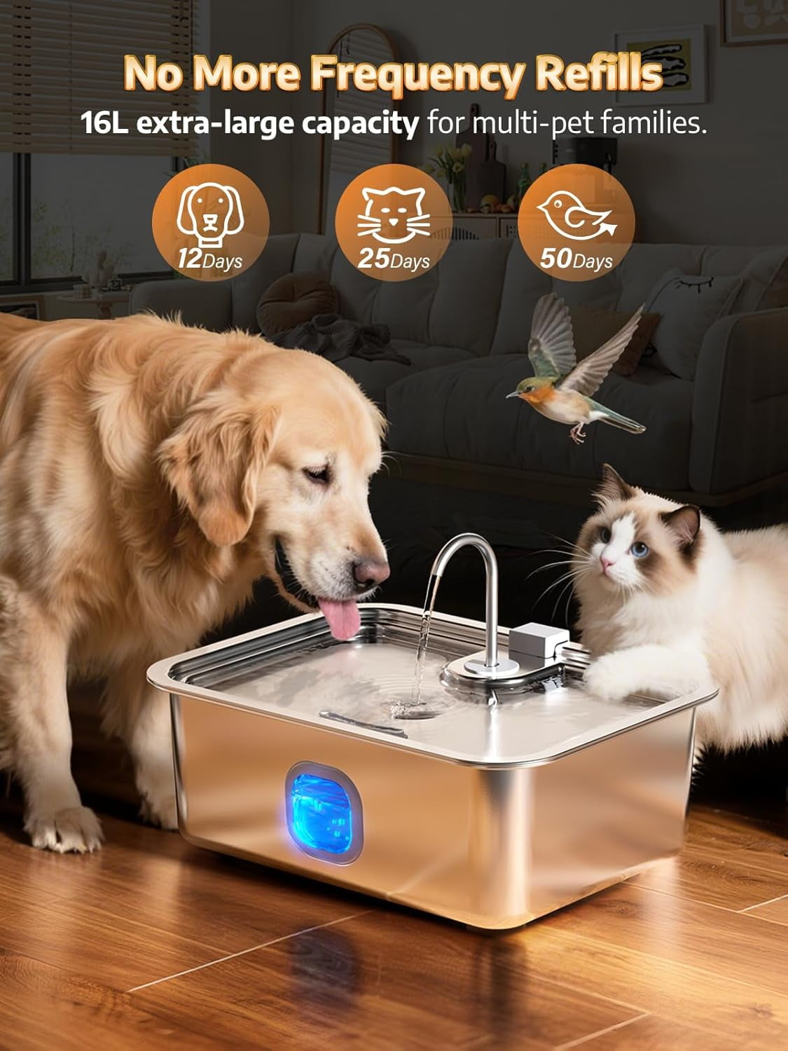 Large Stainless Steel Dog Water Fountain, 16L Automatic Pet Dispenser with Wider Drinking Tray and Visible Window for Multi-Pet Families