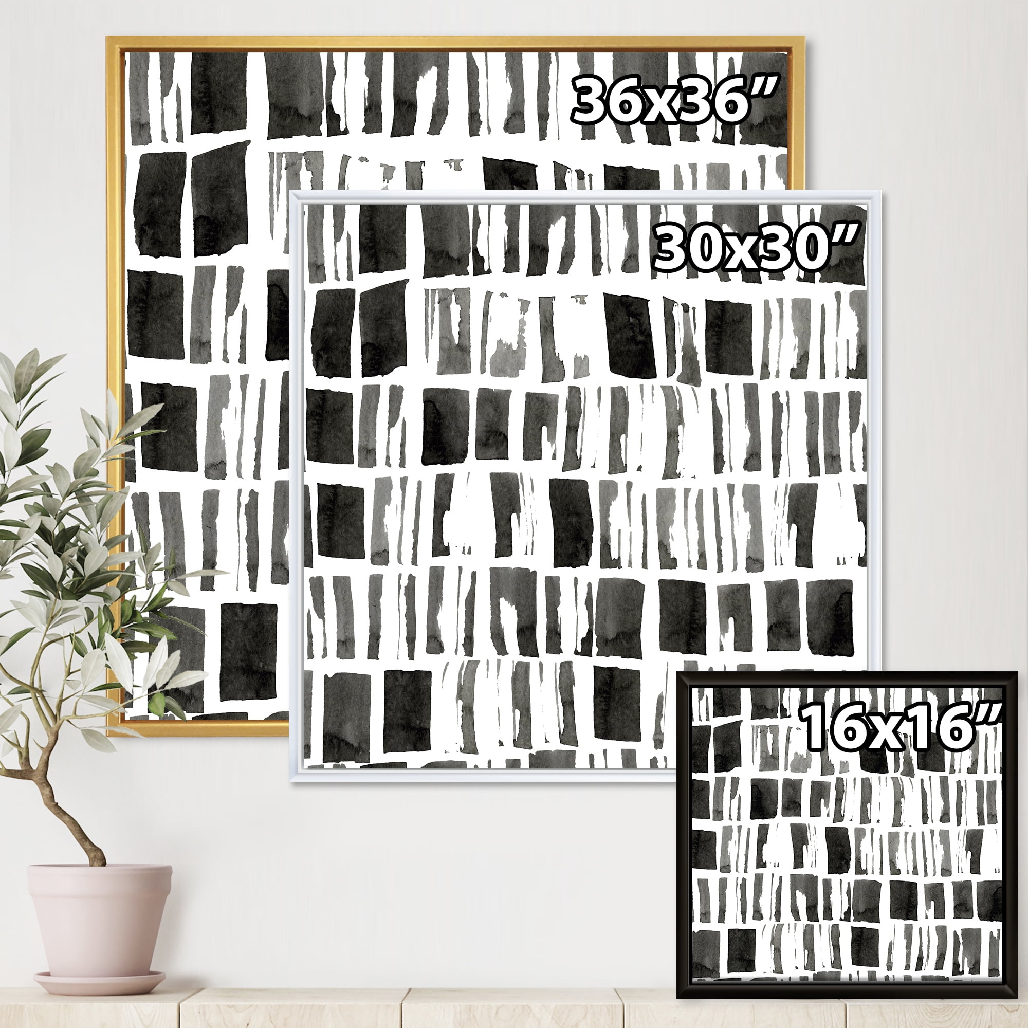 Designart 'Abstract Black and White Bricks' Modern Framed Canvas Wall Art Print