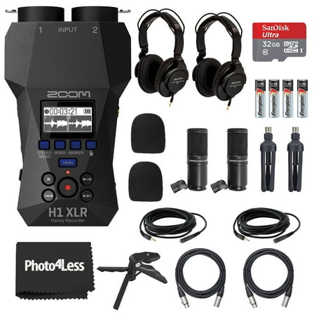 Zoom H1 XLR Handy Recorder, Bundle with 2X Zoom ZDM-1 Podcast Microphones, 2X Headphones, 2X Windscreen, 2X XLR Cable, 2X Tabletop Stand, Tripod Grip, 32GB micro SD Card, AA Batteries (4 Pack)