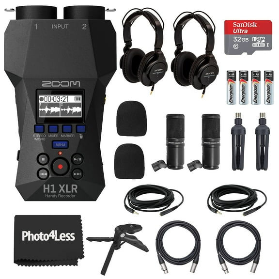 Zoom H1 XLR Handy Recorder, Bundle with 2X Zoom ZDM-1 Podcast Microphones, 2X Headphones, 2X Windscreen, 2X XLR Cable, 2X Tabletop Stand, Tripod Grip, 32GB micro SD Card, AA Batteries (4 Pack)