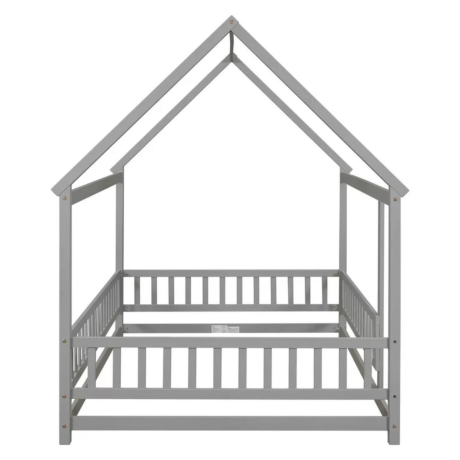 Full Size House Floor Bed, Wood Montessori Bed Frame with Fence Guardrails, House Beds Frame No Box Spring Needed（Full, Gray)