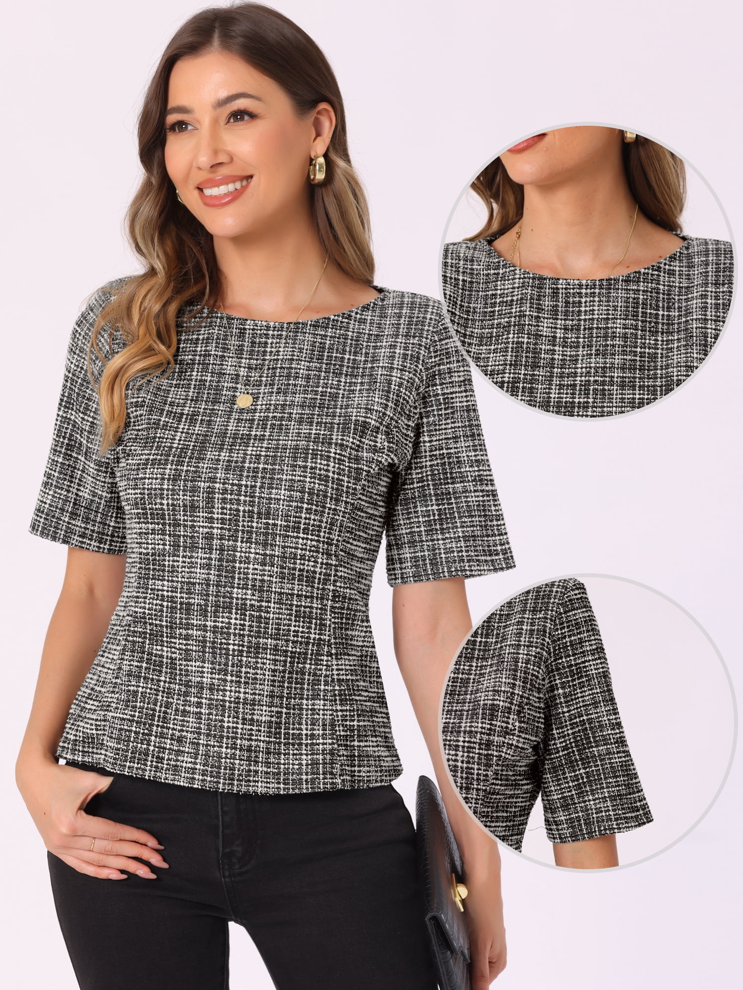 DARING DIVA Women's Tweed Top Round Neck Short Sleeve Pullover Blouse L Black