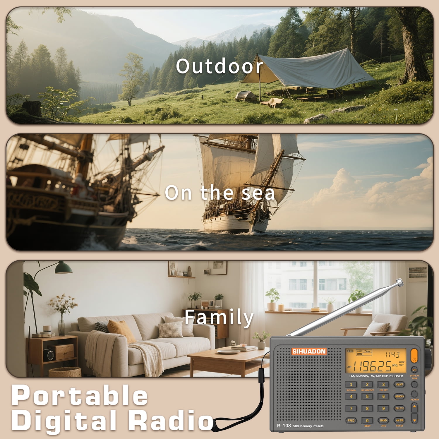 SIHUADON R-108 (Gray) FM Stereo/SW/MW/LW/Airband DSP Portable Digital Shortwave Radio, Easy to operate for Family and Outdoor