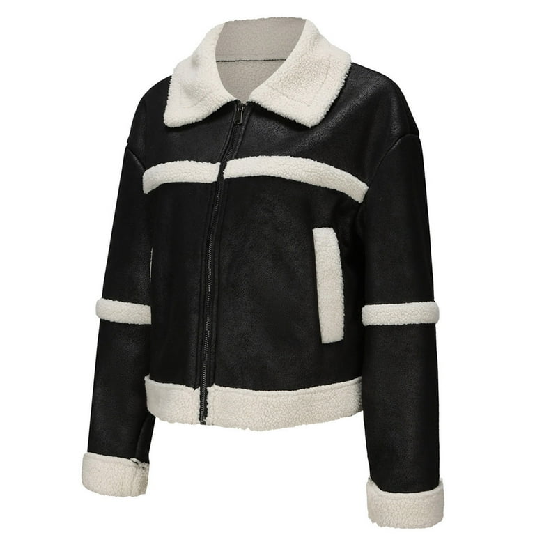 Women Cropped Sherpa Moto Jacket Lapel Faux Leather Coat