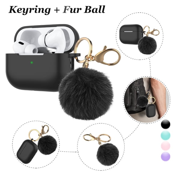Njjex AirPods Pro 2 Case, Silicone AirPods Pro 2nd Gen [2022] Cover with Airpods Accessories Gold Keychain/Skin/Pompom (Front LED Visible) - Black
