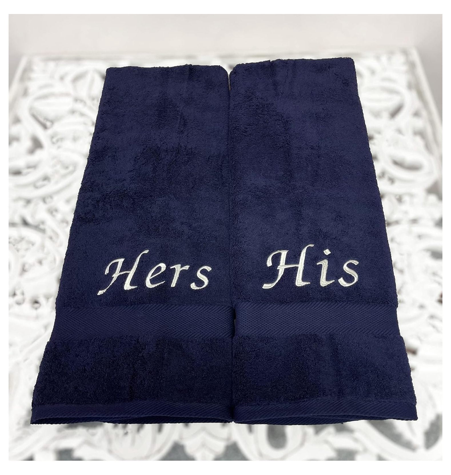 His & Hers Embroidered Cotton Bath Towels. Bath Towels Set Includes: 1 His Bath Towel and 1 Hers Bath Towel. (Dark Blue)