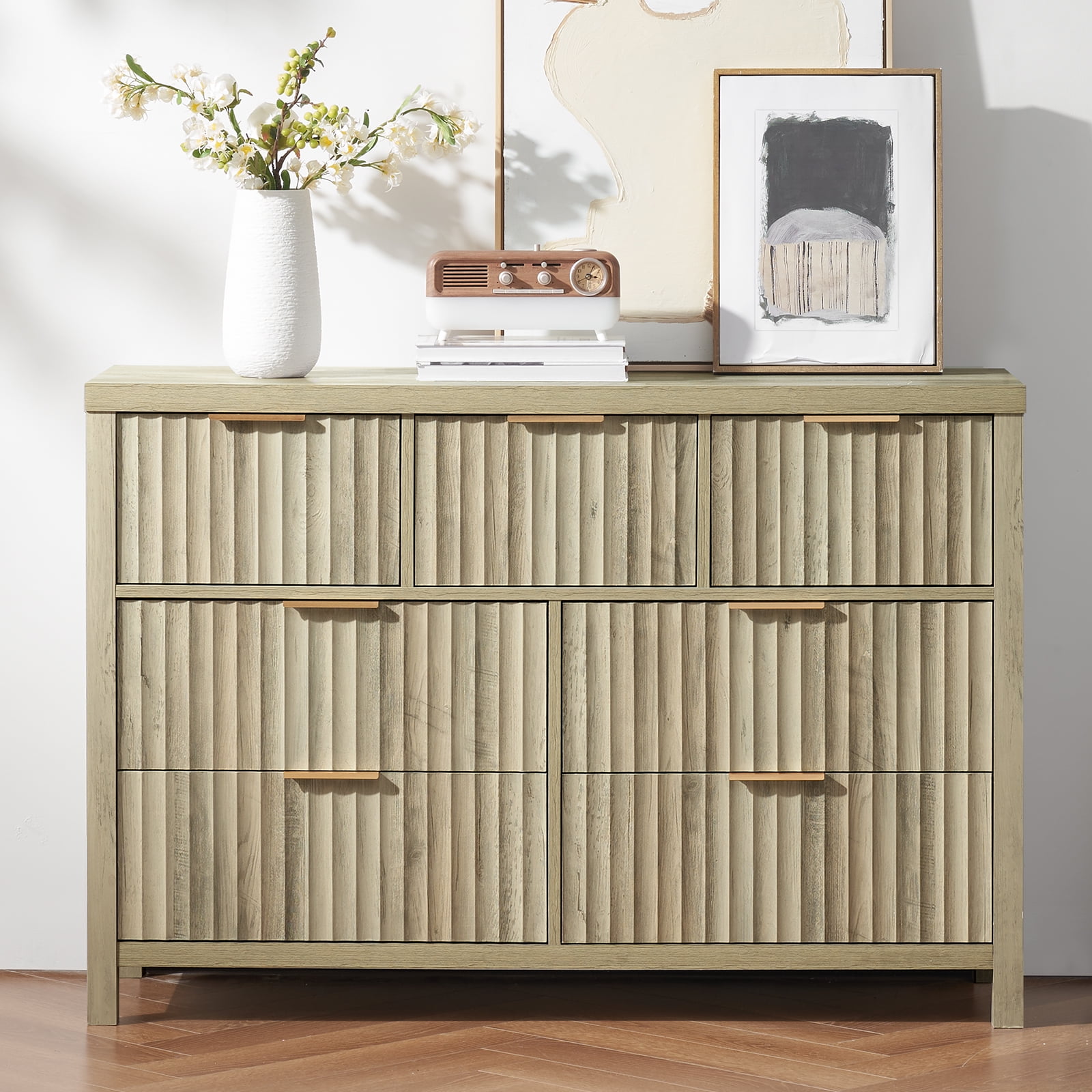 OAKHAM 7 Drawer Dresser, Fluted Wide Chest of Drawers for Bedroom Living Room, Sunwashed Ash Oak