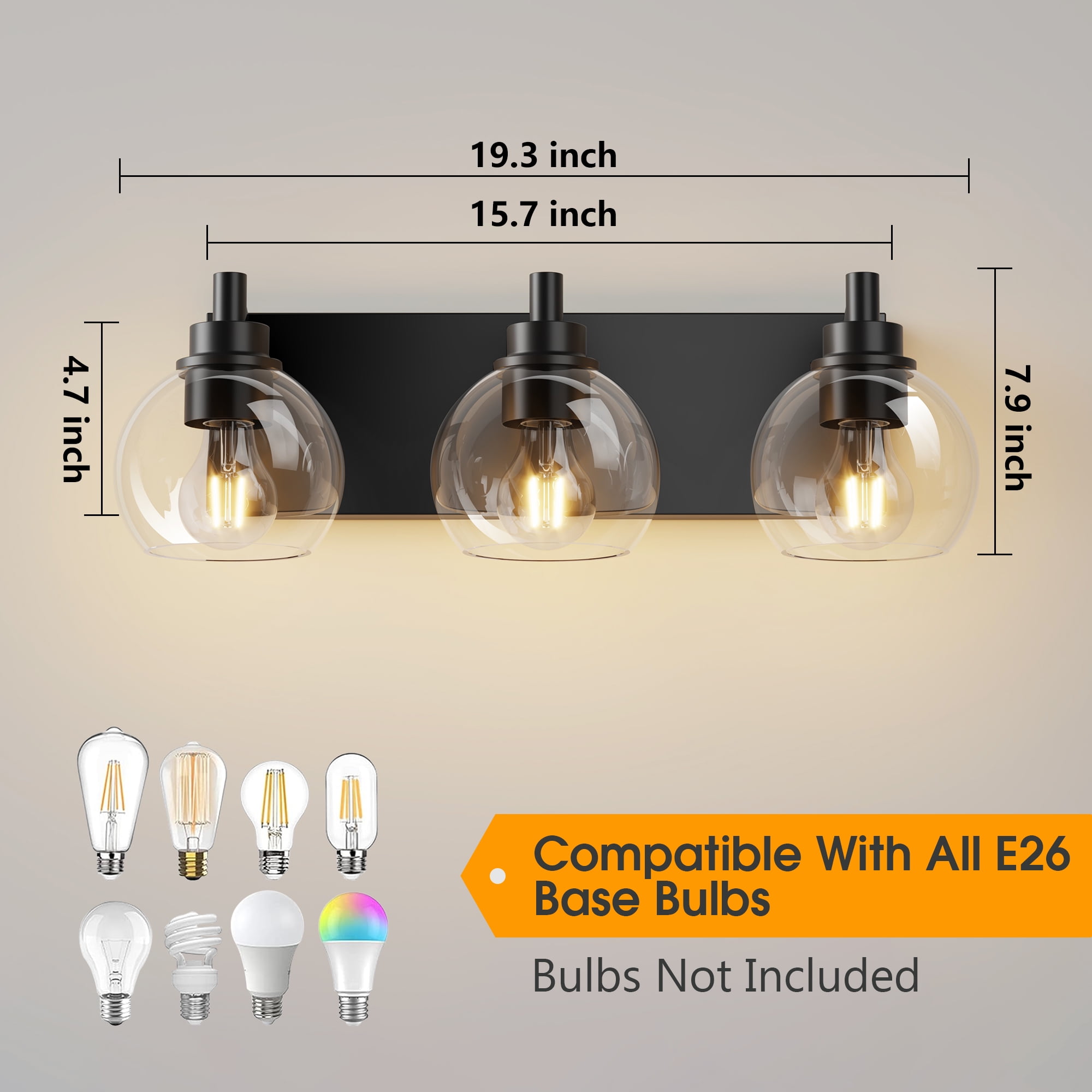 GCGAFUL 19 in. 3-Light Matte Black Modern Dimmable Bathroom Vanity Light with Clear Glass Globe Shade