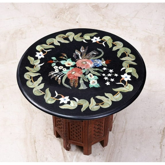 Elegant Black Marble Coffee Table – Round Marble Top and Intricate Pietra Dura Inlay for a Sophisticated Living Room Look