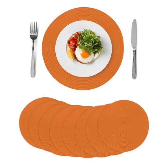 Orange Round Placemats Set of 8 for Dinning Tables, Heat-proof Braided Table Mats 13 Inch, Pure Orange Washable Place Mat for Kitchen Restaurant Party Decor Supplies Table Setting