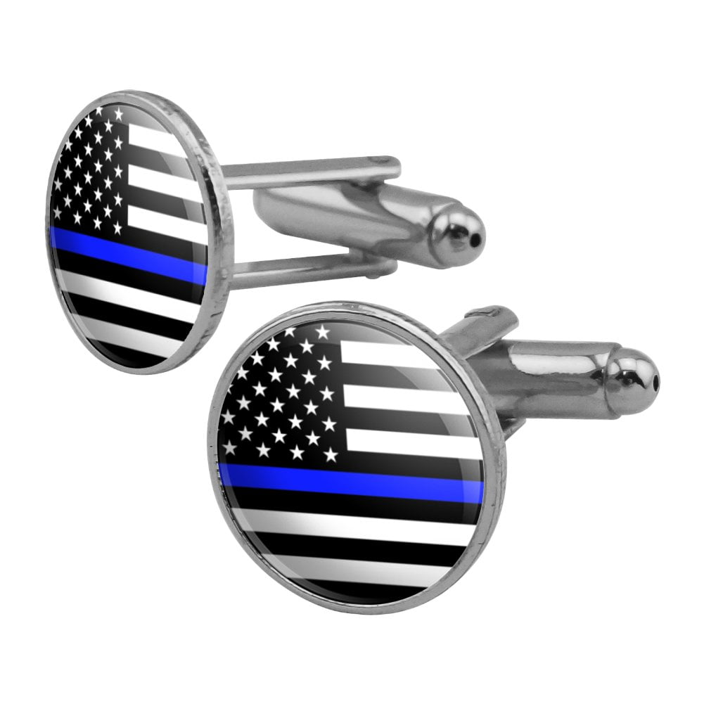 Thin Blue Line American Flag Round Cufflink Set Silver Color