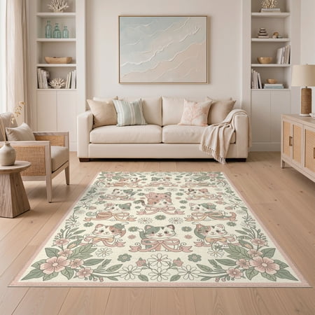 ODIKA 5 x7 Washable Area Rug Scrolling Flower Border Blooming Cute Cartoon Kittens Ribbon Boho Flowing for Small Living Room Bedroom Easy Care Non-Shedding Pet Friendly