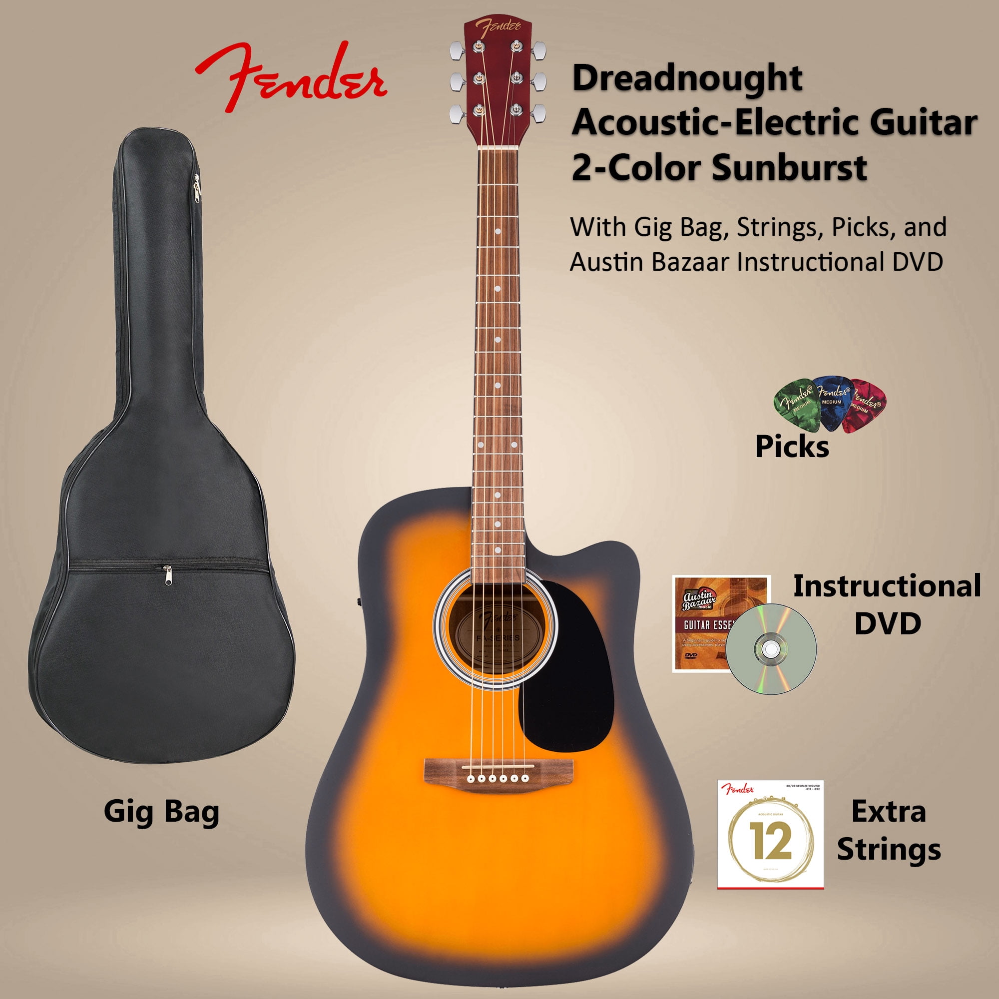 Fender FA Series Dreadnought Acoustic-Electric Guitar - 2-Color Sunburst w/ Gig Bag