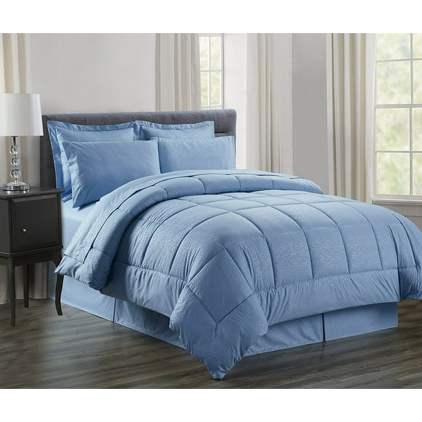 Silky Soft Bed In A Bag 8 Piece, Light Blue Bed Set Queen