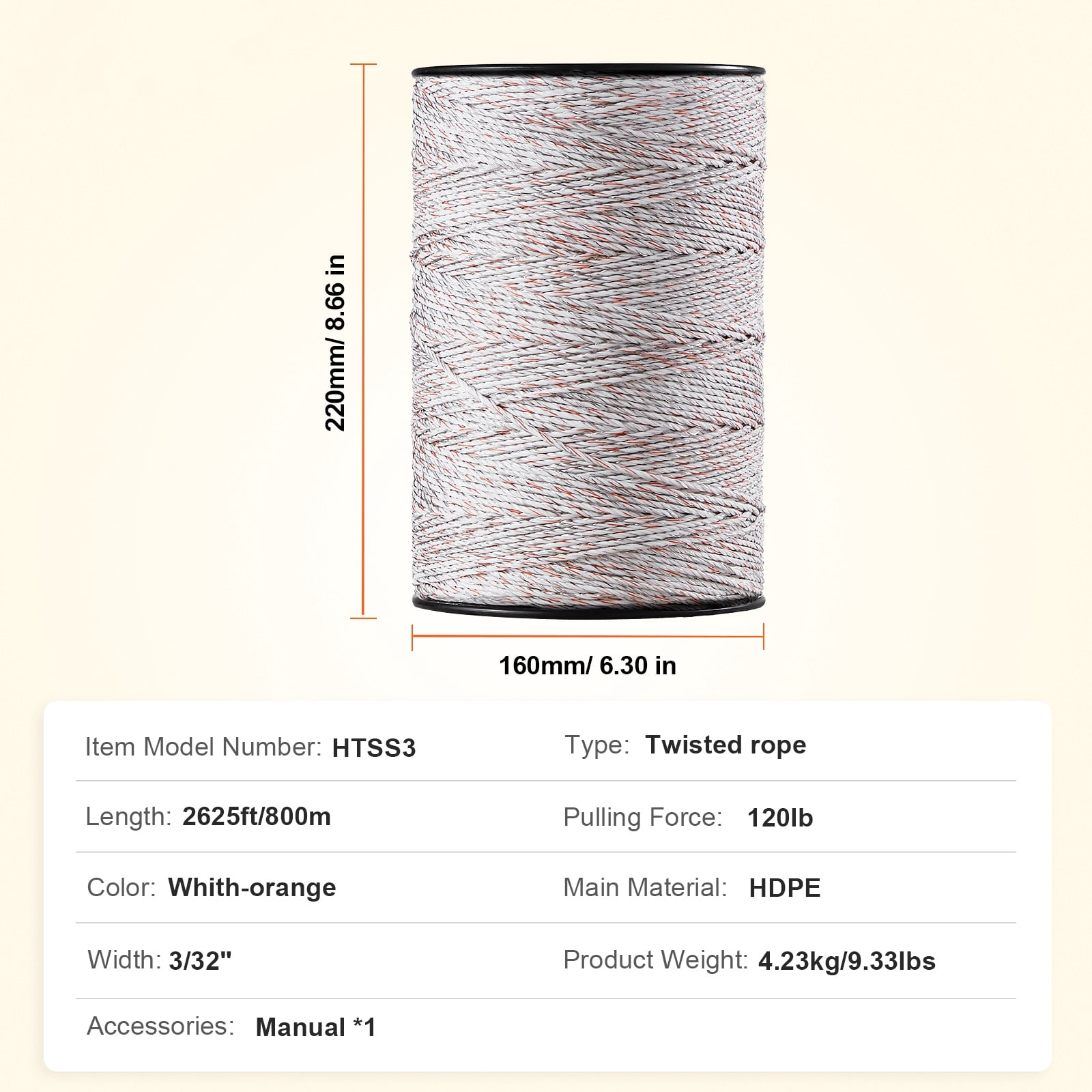 KFFKFF Electric Fence Wire, 2625Ft 800M Portable Polywire, 3/32" Diameter with 9 Metal Strands for Conductivity, UV and Rust Resistance, Fencing Rope for Horses, Cattle, and Livestock