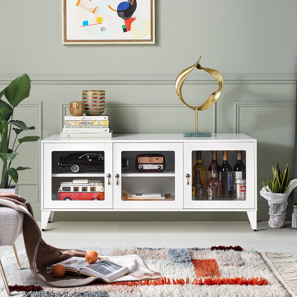 Private Jungle Modern TV Stand for TVs up to 55", Console Storage Cabinet Shelf with 3 Glass Door-White Private Jungle Modern TV Stand for TVs up to 55", Console Storage Cabinet Shelf with 3 Glass Door-White