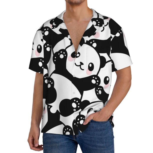 Balery Seamless Pattern Cute Panda Camisa Casual de Manga Corta con Botones para Hombre, Texturizada, Estilo Cubano, para Playa, Verano-Medium