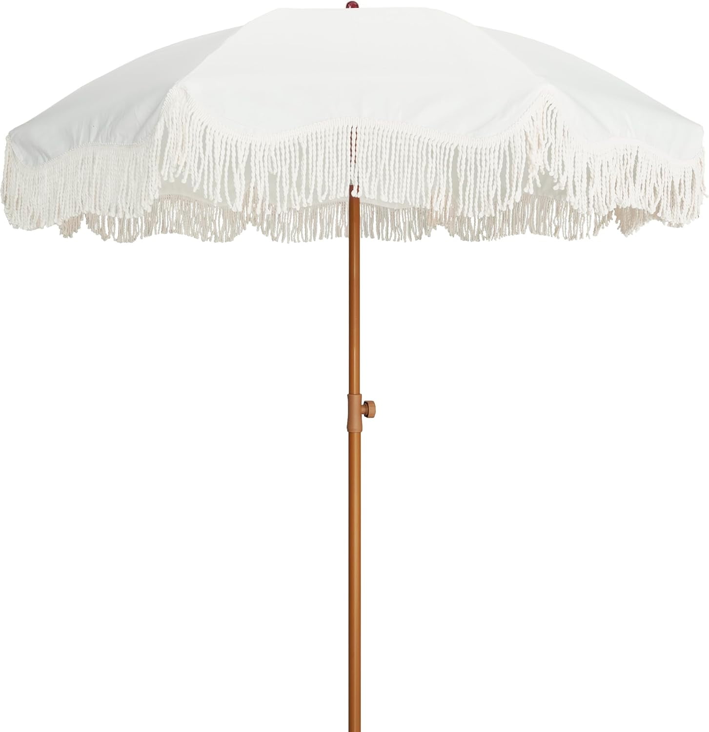 6.5ft Boho Outdoor Umbrella with Fringe, UPF 50+ Picnic Umbrella with Tassels, Premium Steel Pole and Push Button Tilt, Light Beige