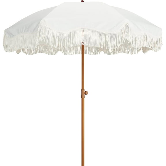 Boho Fringe Umbrella Outdoor Patio, 6.5ft UPF50  Picnic Umbrella with Tassels with Steel Pole and Push Button Tilt, Antique White