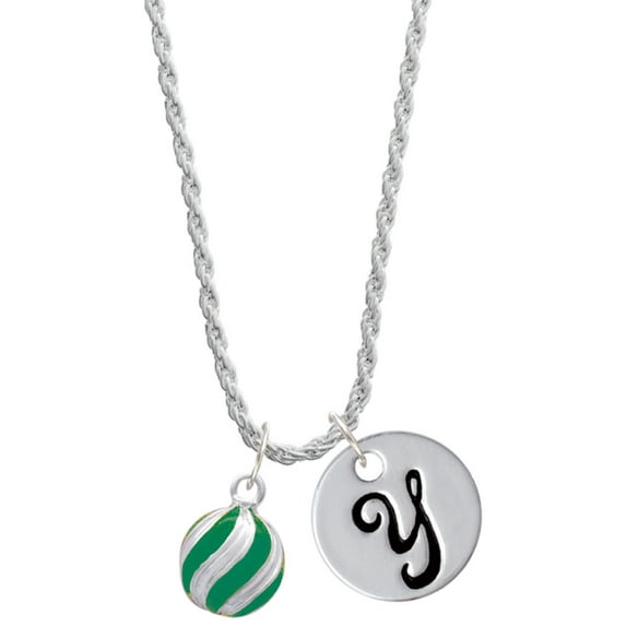 Delight Jewelry Silvertone 3-D Green Striped Ornament Silvertone Script Initial Disc - Y - Charm Necklace, 20"+3"