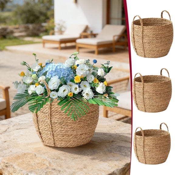 Kuroiy Seagrass Woven Flower Basket with Handle, Handmade Decorative Rattan Planter for Indoor Plants, Storage, Living Room, or Gifts