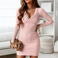 thumbnail image 2 of Lovskoo Womens Long Sleeve Ribbed Knit Midi Sweater Dress Bodycon V Neck Slim Fit Dressy Knit Mini Dress Pink, 2 of 9