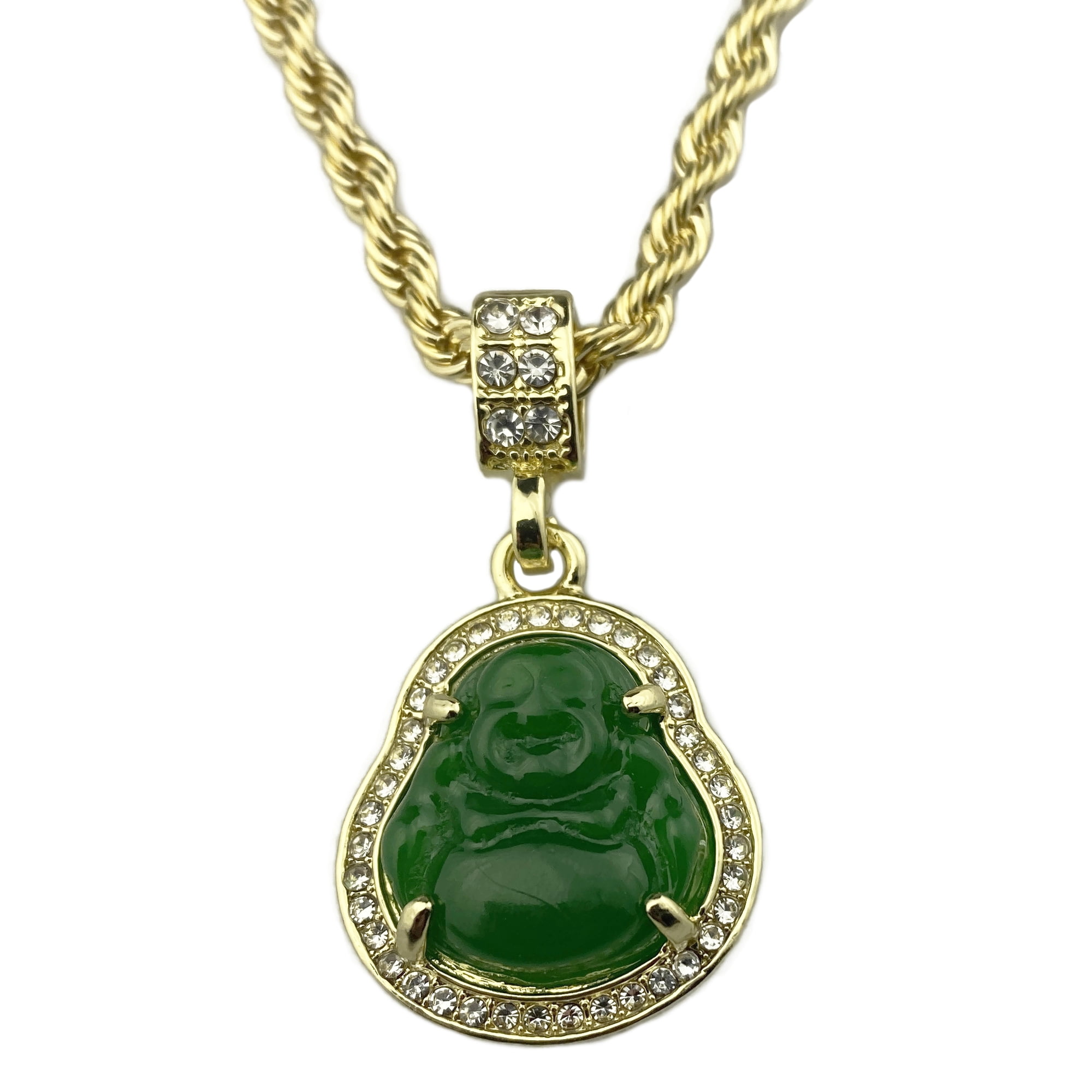 Green Resin Buddha 1' inch Pendant Necklace Gold Plated Rope Chain 24' Inch x 4MM Thick