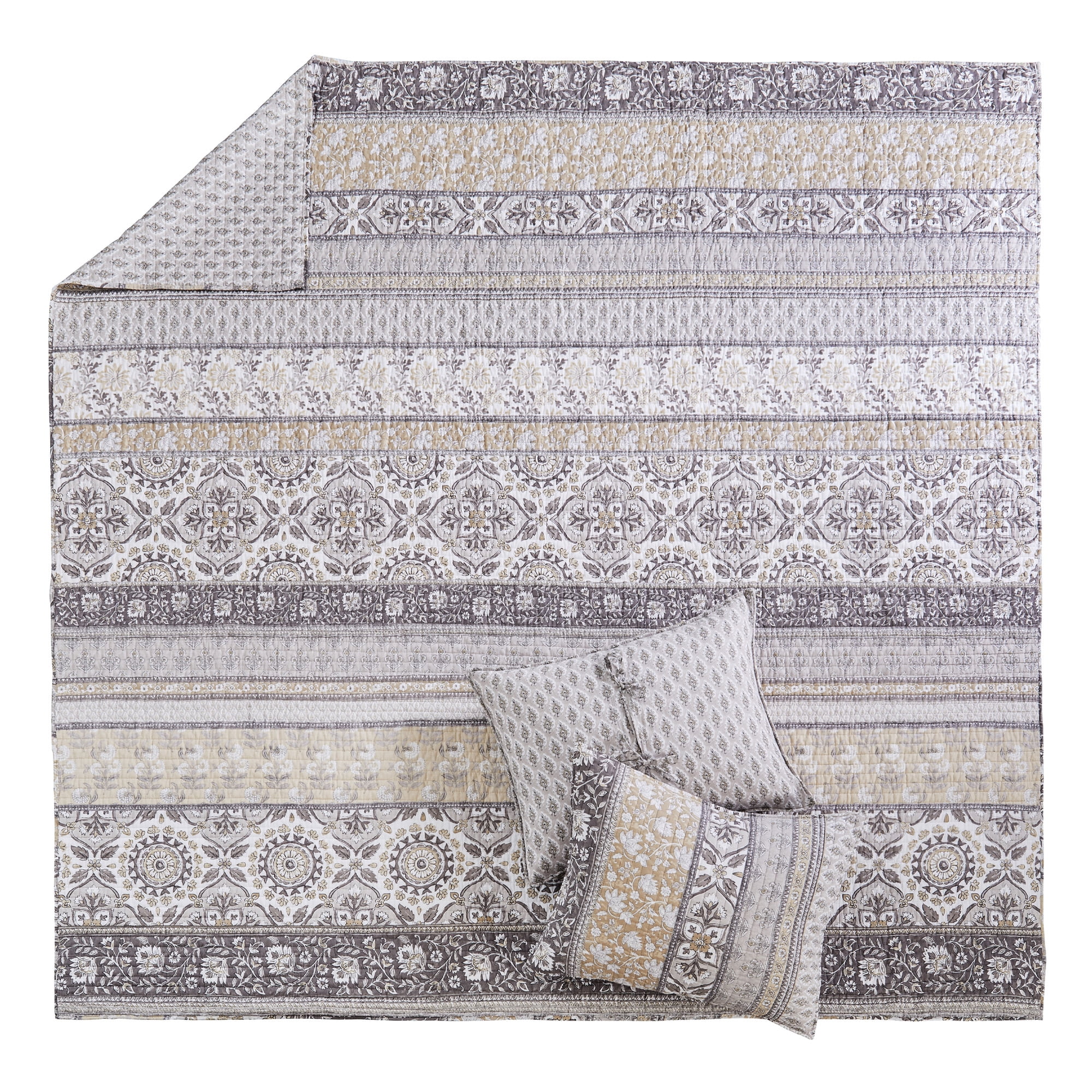 Levtex Home - Lirelle Quilt Set - King Quilt and Two King Shams - Bordered Floral - Grey Tan White and Charcoal - Quilt (106x92in.) and Shams (20x36in.) - Reversible - Cotton