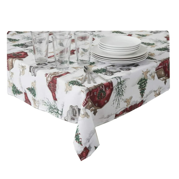 Josie Winter Barn Scene Tablecloth Grey Vintage Truck, Puppy Dogs, Christmas Tree Print Fabric (60 x 84 Rectangle)