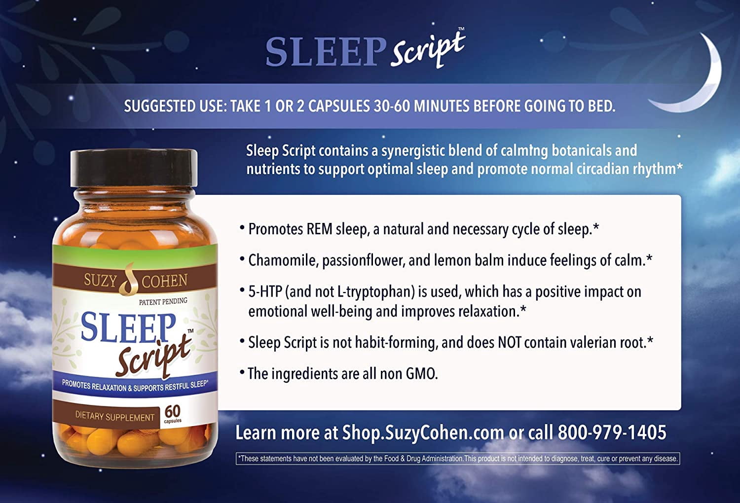 Sleep Script Capsules with Chamomile, Passionflower, Theanine, 5-HTP, Melatonin, Lemon balm for Relaxation 60ct by Suzy Cohen