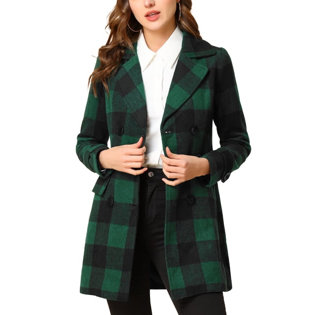 INSPIRE CHIC Manteau à Carreaux à Double Boutonnage à Manches Longues avec Revers Cranté pour Femmes TP Vert
