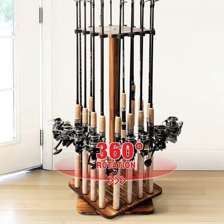 Fishing Rod Holder with 360 ° Rotation - Floor Stand for Up to 16 Rods Carbonized Wood Storage Organizer