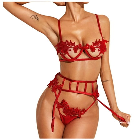 

sebulube Water Soluble Flower Embroidery Appliqué Underwear 3-Piece Set Underwire Bra Thong Garter Belt G-String Lingerie